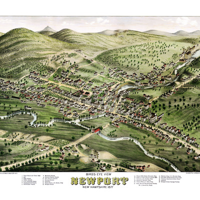 Newport, nh in 1877 - bird's eye view map, aerial, panorama, vintage, antique, reproduction, giclée, framable, fine art