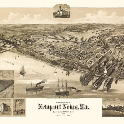 Newport news, virginia in 1891- bird's eye view map, aerial, panorama, vintage, antique, reproduction, giclée, history, fine art, wall art