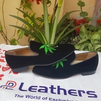 Crafted Leather Black Velvet Moccasin Loafers Mens Formal Dress Shoes - Thumbnail 2