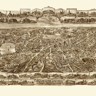 Newton centre, ma in 1897 - bird's eye view map, aerial map, panorama, vintage map, antique map, reproduction, giclée, wall map, framable