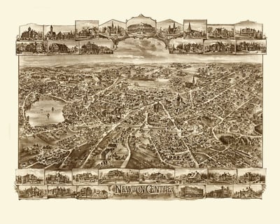 Newton Centre, MA in 1897 - Bird's Eye View Map, Aerial map, Panorama, Vintage map, Antique map, Reproduction, Giclée, Wall map, Framable