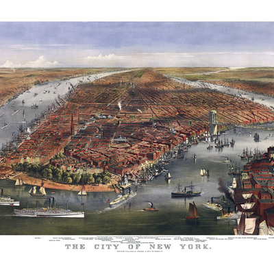 New york city in 1870 - bird's eye view map, aerial, panorama, vintage, antique, reproduction, giclée, framable, fine art