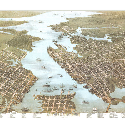 Norfolk and portsmouth, virginia in 1873 - bird's eye view map, aerial, panorama, vintage, antique, history, fine art, wall art