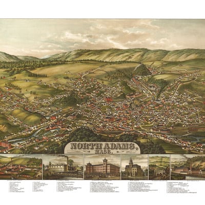 North adams, ma in 1881 - bird's eye view, aerial map, panorama, vintage, antique map, reproduction, giclée, framable, fine art. wall map