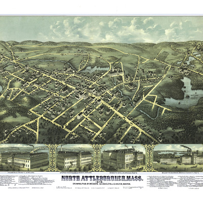North attleborough, ma in 1878 - bird's eye view, aerial, panorama, vintage, antique map, reproduction, giclée, framable, fine art. wall map