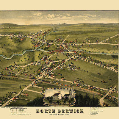 North berwick, maine in 1877 - bird's eye view map, aerial, panorama, vintage, antique, reproduction, giclée, framable, fine art