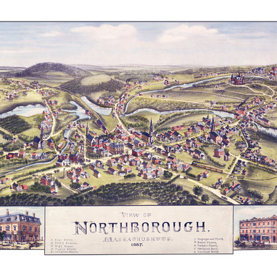 Northborough, massachusetts in 1887 - bird's eye view map, aerial map, panorama, vintage map, antique map, giclée, fine art, wall art