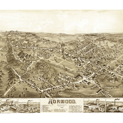 Norwood, massachusetts in 1882 - bird's eye view, aerial, panorama, vintage, antique, giclée, wall map, history, fine art, wall art