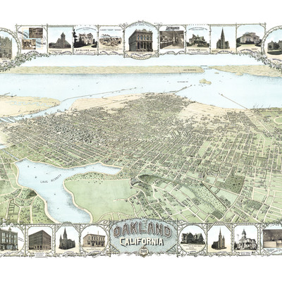 Oakland, california in 1900 - bird's eye view, map, aerial, panorama, vintage, antique, fine art, wall art, history