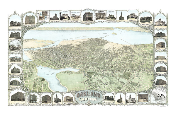Oakland, California in 1900 - Bird's Eye View, Map, Aerial, Panorama, Vintage, Antique, Fine Art, Wall Art, History