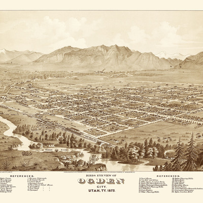 Ogden city, utah in 1875 - bird's eye view, aerial map, panorama, vintage, antique, fine art, wall art, history