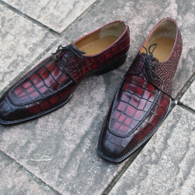 Crafted leather classic burguny crocodile/alligator leather lace up oxford dress shoes - Thumbnail 1