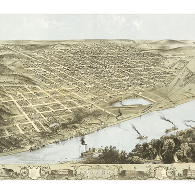 Omaha, nebraska in 1868 - bird's eye view map, aerial, panorama, vintage map, antique map, giclée, framable, fine art, wall art