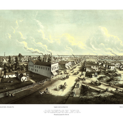 Oshkosh, wisconsin in 1850 - from h.l. cottrill's block, bird's eye, aerial, panorama, vintage, antique, giclée, fine art, wall art, history