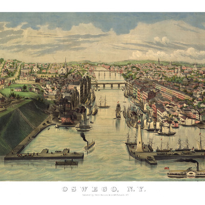 Oswego, new york in 1855 - bird's eye view map, aerial, panorama, vintage, antique, reproduction, giclée, framable, fine art, wall art