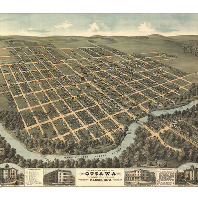 Ottawa, kansas in 1872- bird's eye view map, aerial map, panorama, vintage map, antique map, reproduction, giclée, framable map, fine art