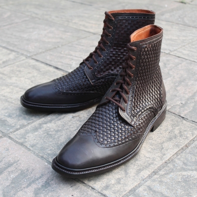 Crafted leather classic dark brown woven leather ankle high lace up dress boot for men - Thumbnail 3