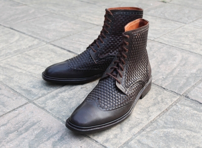 Crafted Leather Classic Dark Brown Woven Leather Ankle High Lace up Dress Boot For Men