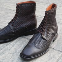Crafted Leather Classic Dark Brown Woven Leather Ankle High Lace up Dress Boot For Men - Thumbnail 3