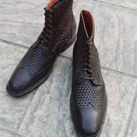 Crafted Leather Classic Dark Brown Woven Leather Ankle High Lace up Dress Boot For Men - Thumbnail 1