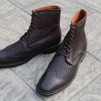 Crafted Leather Classic Dark Brown Woven Leather Ankle High Lace up Dress Boot For Men - Thumbnail 2