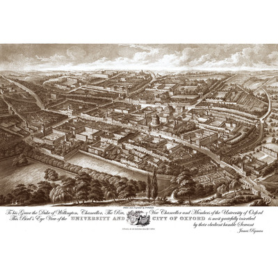 Oxford, england: the city and the university in 1850 - bird's eye, panorama, vintage, antique, reproduction, framable, fine art, wall art