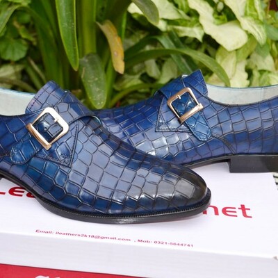 Crafted leather classic bespoke men handmade blue crocodile leather monk strap dress shoes... - Thumbnail 3