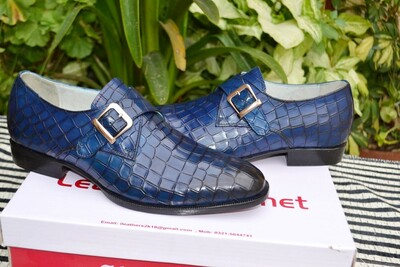Crafted Leather Classic Bespoke Men Handmade Blue Crocodile Leather Monk Strap Dress Shoes...