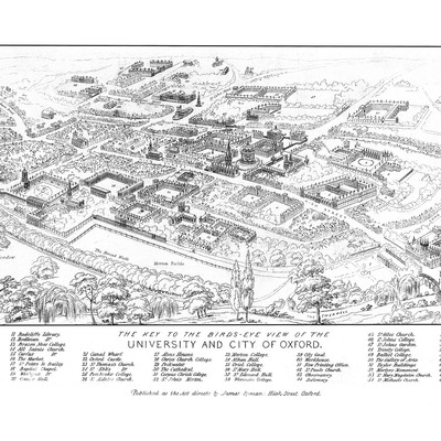 Key to oxford, england: the city and the university in 1850 - bird's eye, panorama, vintage, antique, reproduction, framable, fine art,