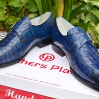 Crafted Leather Classic Bespoke Men Handmade Blue Crocodile Leather Monk Strap Dress Shoes... - Thumbnail 3