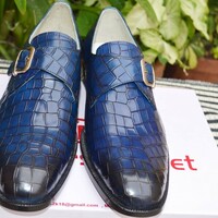 Crafted Leather Classic Bespoke Men Handmade Blue Crocodile Leather Monk Strap Dress Shoes... - Thumbnail 1