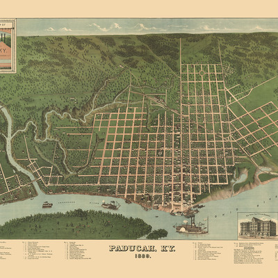 Paducah, kentucky in 1879 - bird's eye view map, aerial map, panorama, vintage map, antique map, reproduction, giclée, fine art, wall art