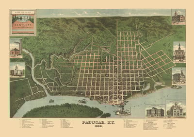 Paducah, Kentucky in 1879 - Bird's Eye View Map, Aerial Map, Panorama, Vintage map, Antique map, Reproduction, Giclée, Fine Art, Wall Art
