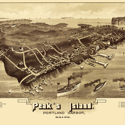 Peak's island, portland harbor, maine in 1886 - bird's eye view map, aerial, panorama, vintage, antique, giclée, framable, fine art