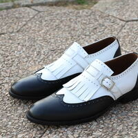 Crafted Leather Classic Men Black White Leather Fringes Monk Strap Dress Stylish Lace up Oxford Shoes - Thumbnail 1