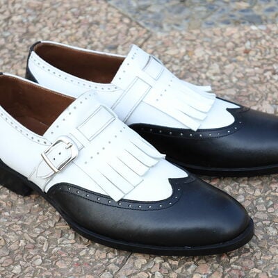 Crafted leather classic men black white leather fringes monk strap dress stylish lace up oxford shoes - Thumbnail 5