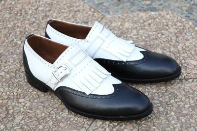 Crafted Leather Classic Men Black White Leather Fringes Monk Strap Dress Stylish Lace up Oxford Shoes