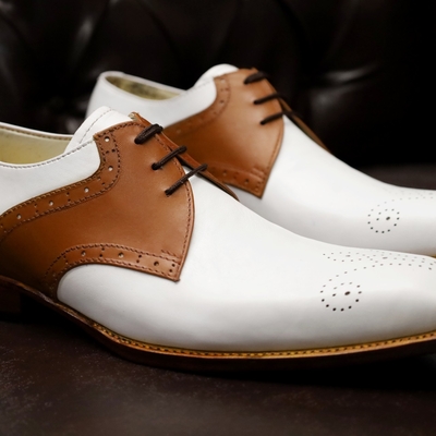 Crafted leather classic handmade men brown white leather dress lace up oxford shoes - Thumbnail 4