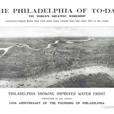 Philadelphia, pennsylvania in 1908 - 225th anniversary, bird's eye view map, aerial, panorama, vintage, antique, fine art, history