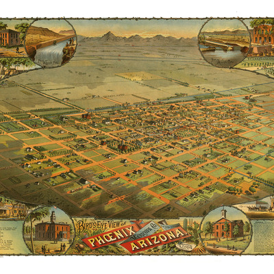 Phoenix, az in 1885 - bird's eye view map, aerial map, panorama, vintage map, antique map, reproduction, giclée, framable, fine art, history
