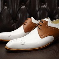 Crafted Leather Classic Handmade Men Brown White Leather Dress Lace up Oxford Shoes - Thumbnail 2