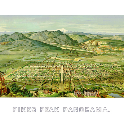 Pike's peak, colorado panorama from 1890 - bird's eye view, aerial map, vintage map, antique map, reproduction, giclée, fine art, wall art