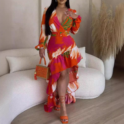 Long sleeves red printed dress