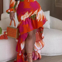 Long Sleeves Red Printed Dress - Thumbnail 2