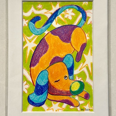 5x7 colorful dog original art (2024)