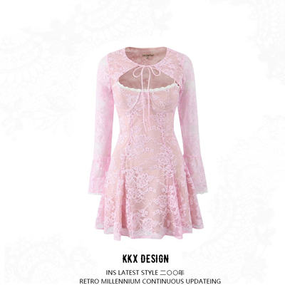 Pink lace suspender dress cape two piece hottie suit