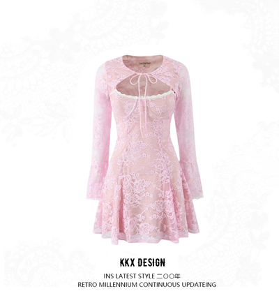 Pink lace suspender dress cape two piece hottie suit
