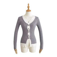 V-neck single-breasted bow-decorated slim-fit pullover sweater - Thumbnail 2
