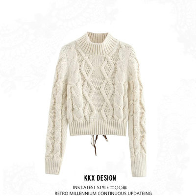 Turtleneck pullover sweater open back cross straps eight-strand knit cardigan solid color