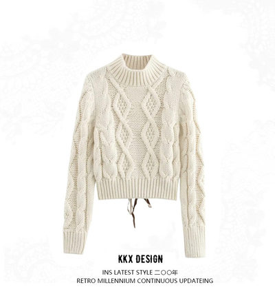 Turtleneck Pullover Sweater Open Back Cross Straps Eight-Strand Knit Cardigan Solid Color